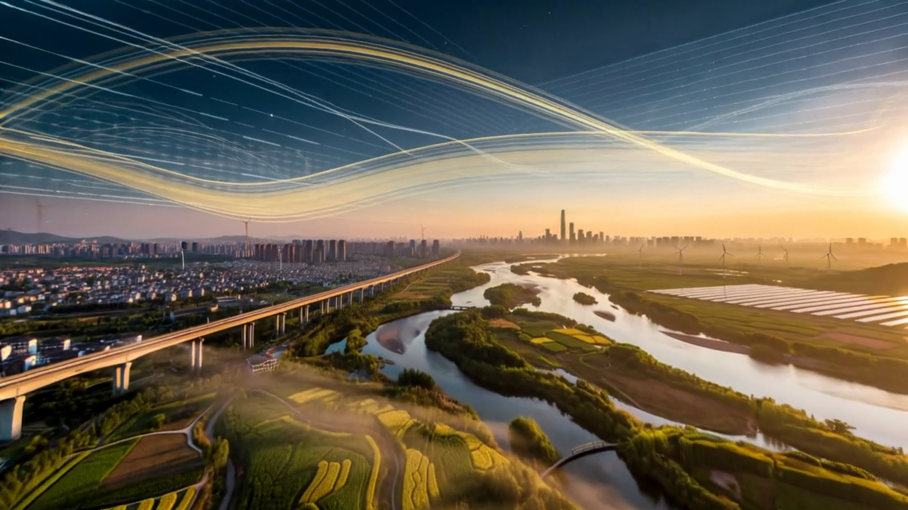 A river flowing from terraced fields toward a modern city skyline with rising golden trend lines — report cover illustration