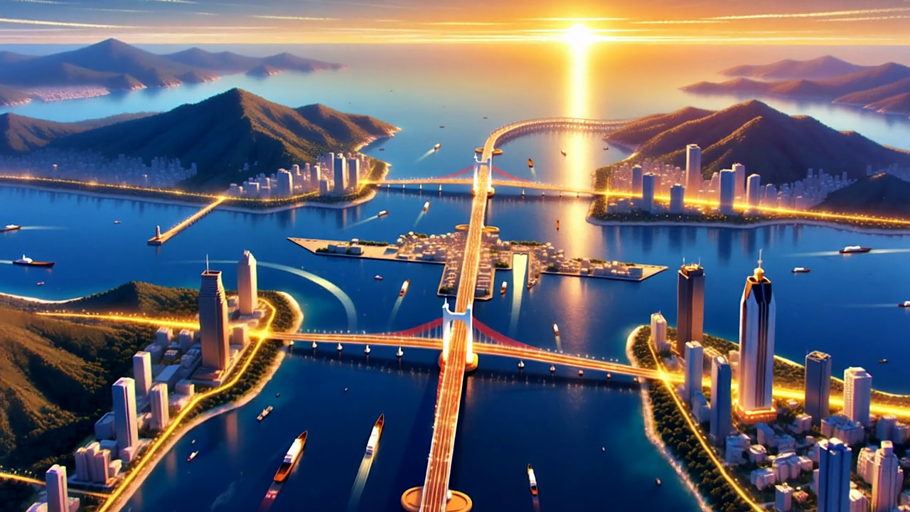 Three coastal cities of East Asia linked by bridges of light toward a shared harbor — white paper cover illustration